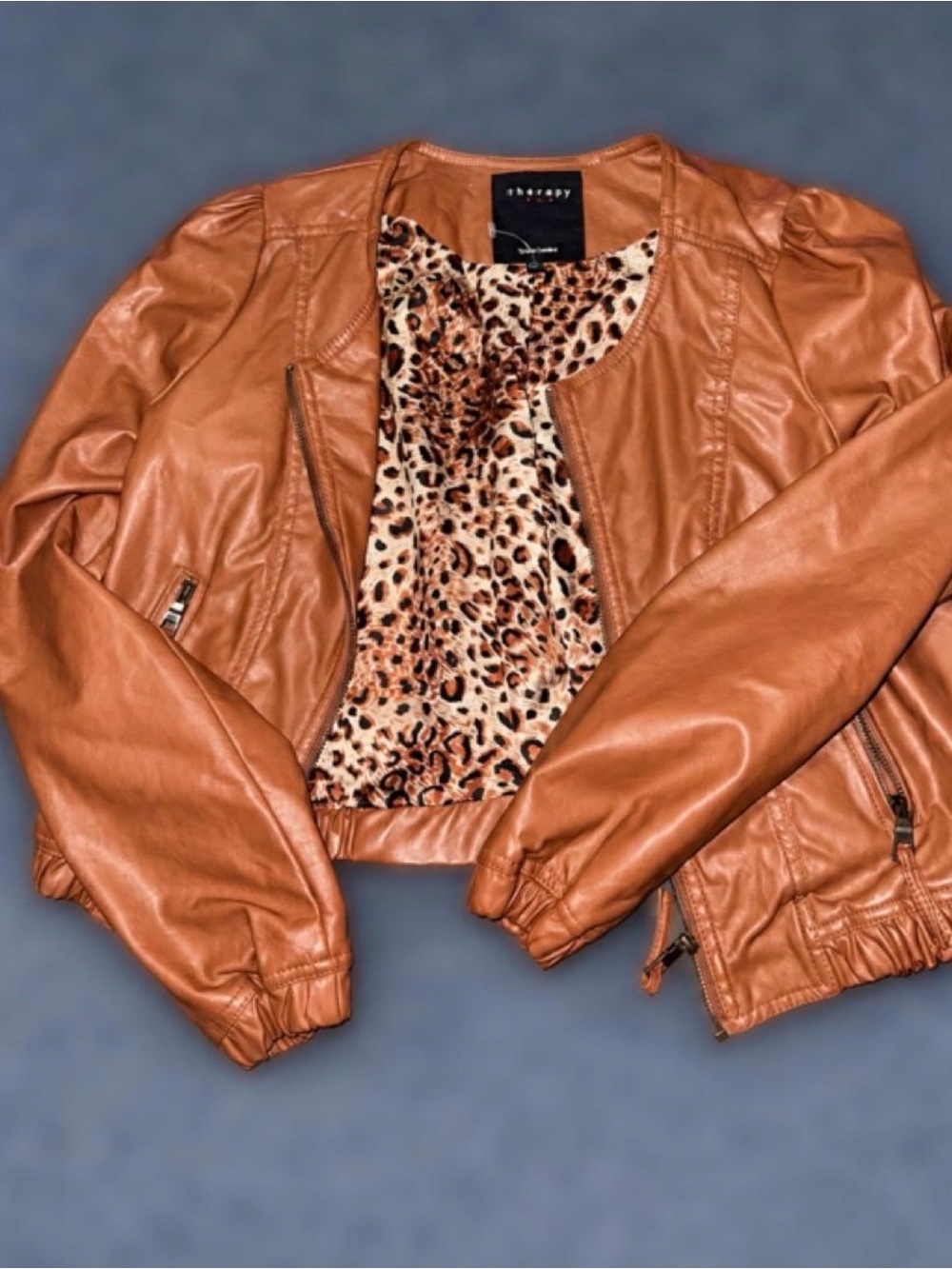 therapy Tan Faux Leather Jacket with Leopard Lining
